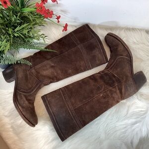 FRYE SUEDE INTENTIONALLY DISTRESSED LEATHER BOHO KNEE HIGH BOOTS BROWN SZ 10